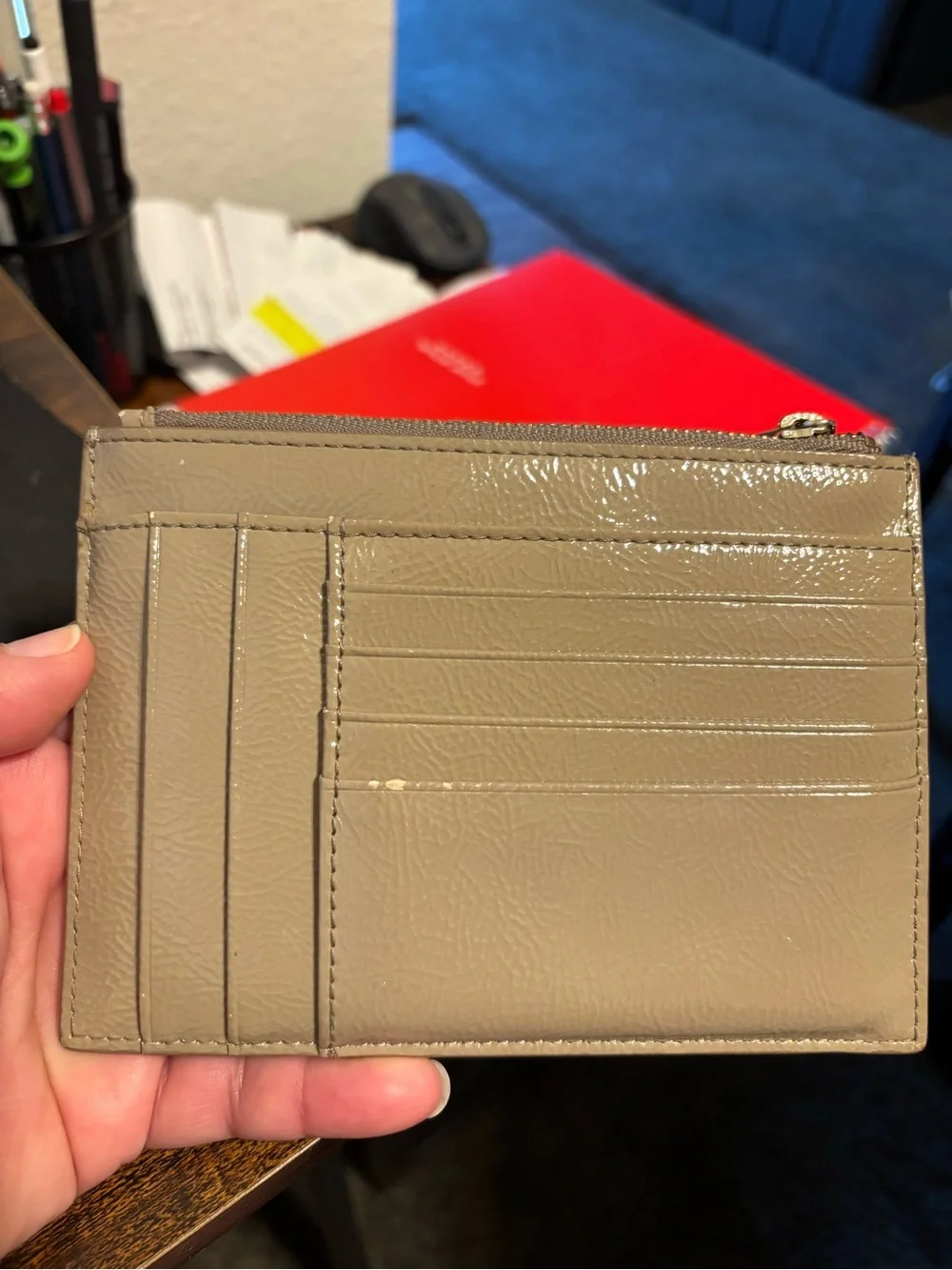 TOUS Taupe Patent Leather Card Holder with Gold Bear Logo